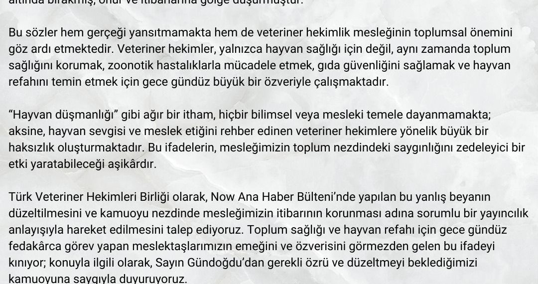 Kınama- Now Tv’de Veteriner Hekimlere Karşı Kullanılan İfadeler Üzerine Kınama Mesajımız