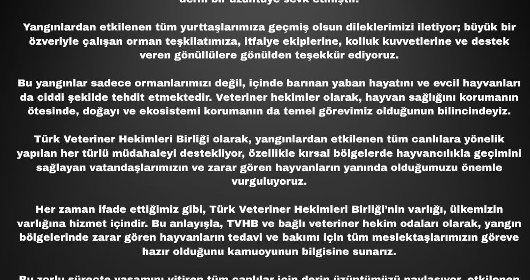 TÜRK VETERİNER HEKİMLERİ BİRLİĞİ MERKEZ KONSEYİ’NDEN KAMUOYUNA