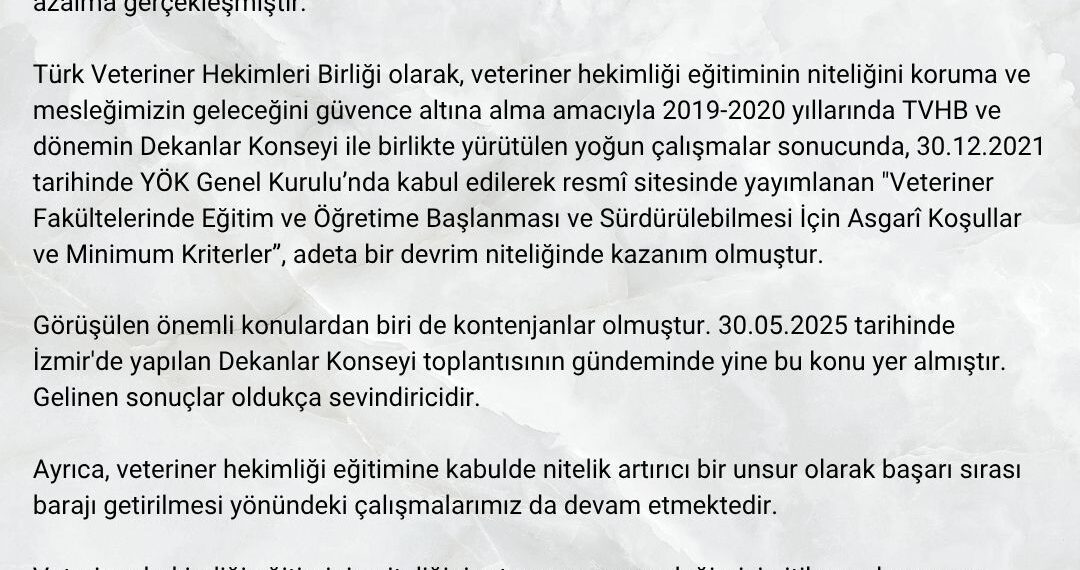 Veteriner Fakülteleri Kontenjanlarında Azalma ve Baraj Uygulaması Hakkında Duyuru